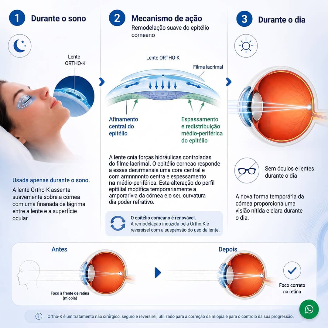 Como funciona a Ortho-K: durante o sono a lente remodela suavemente a córnea; durante o dia, visão nítida sem óculos